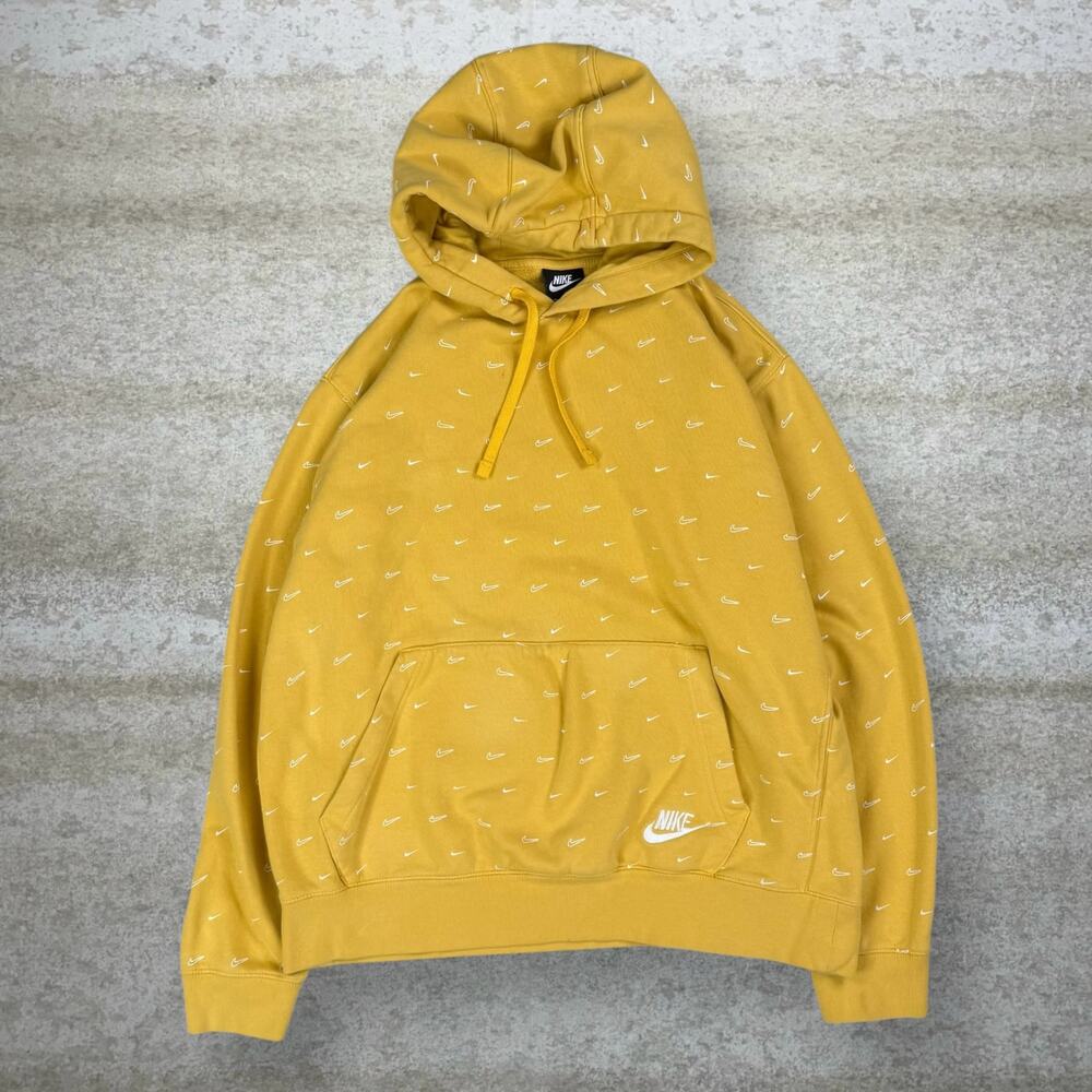 Vintage Y2K Nike Hoodie Mens XL Yellow White Swoosh AOP Cotton Pullover
